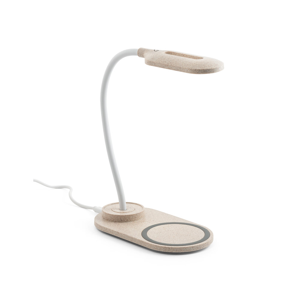 LUMINÁRIA DE MESA COM CARREGADOR POR INDUÇÃO SUPER-RÁPIDO (15W), EM ABS E FIBRA DE PALHA DE TRIGO