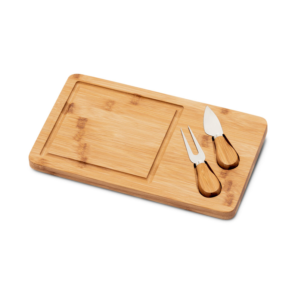 TÁBUA DE QUEIJOS EM BAMBU COM 2 UTENSÍLIOS EM BAMBU E AÇO INOX