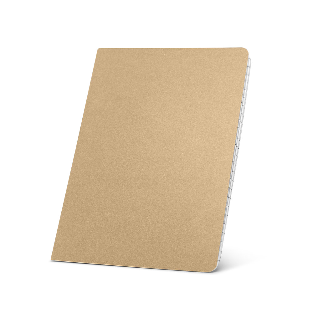 CADERNO A5 DE CAPA FLEXÍVEL EM CARTÃO KRAFT 100% RECICLADO, COM PÁGINAS PAUTADAS RECICLADAS