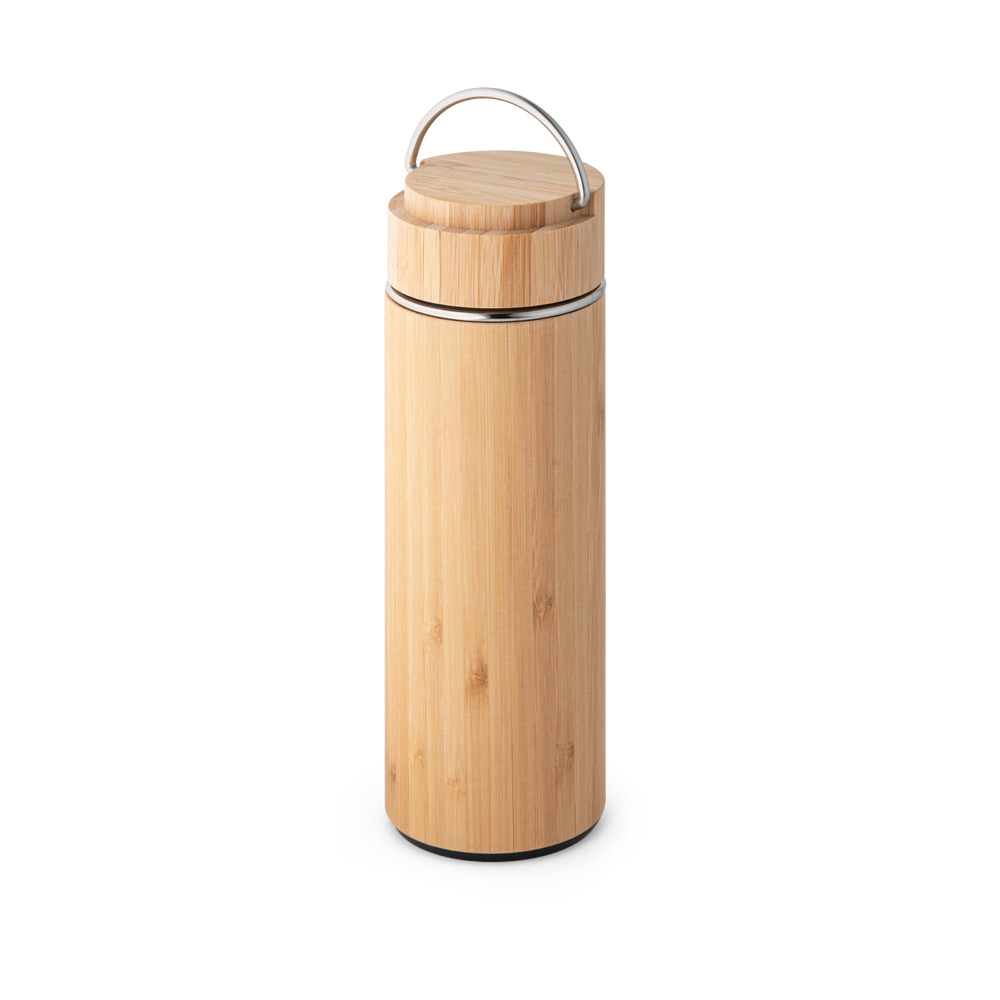 GARRAFA TÉRMICA EM AÇO INOX E BAMBU, DE PAREDE DUPLA ISOLADA A VÁCUO (440 ML)