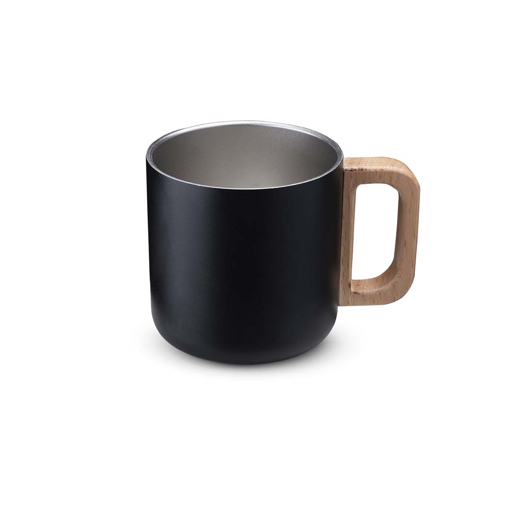 CANECA TÉRMICA COM ALÇA EM MADEIRA - BRANCO, 400ML