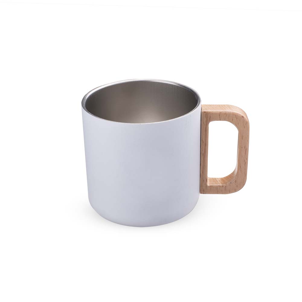 CANECA TÉRMICA COM ALÇA EM MADEIRA - BRANCO, 400ML