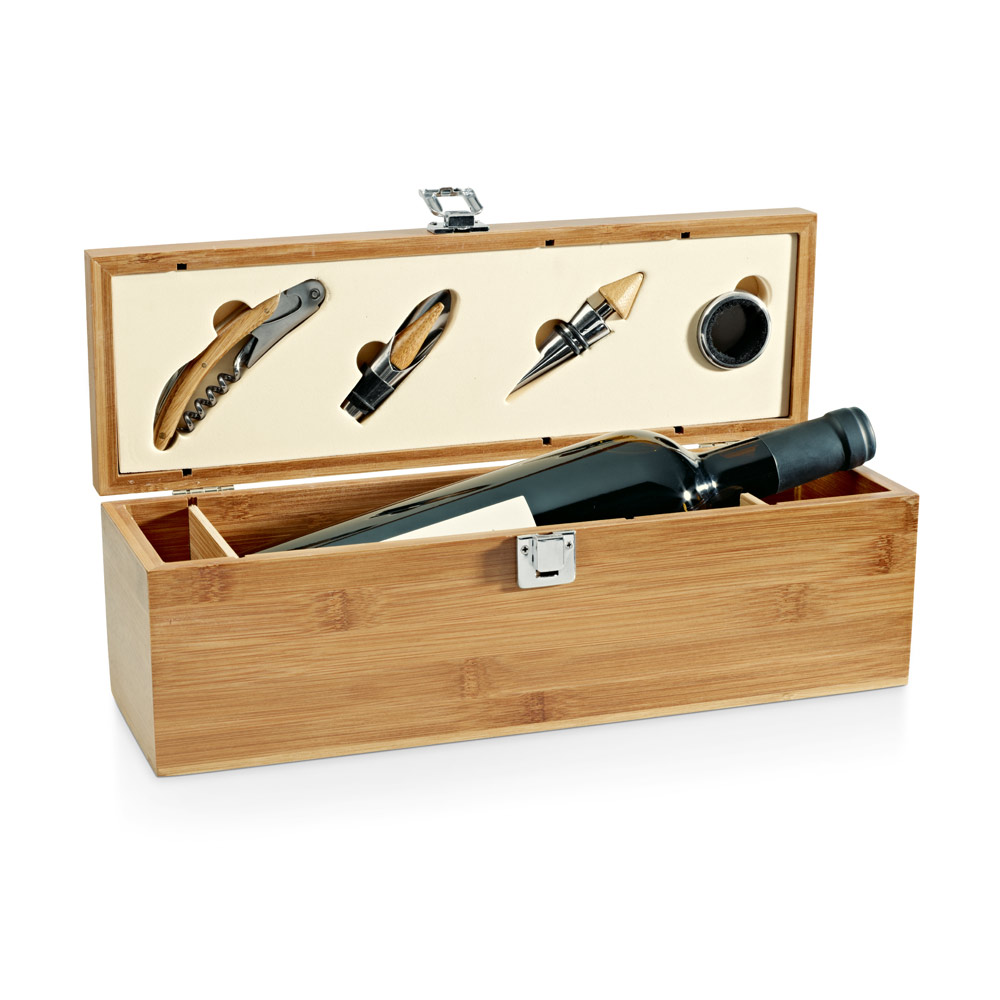 CONJUNTO PARA VINHO EM BAMBU, INOX E ABS