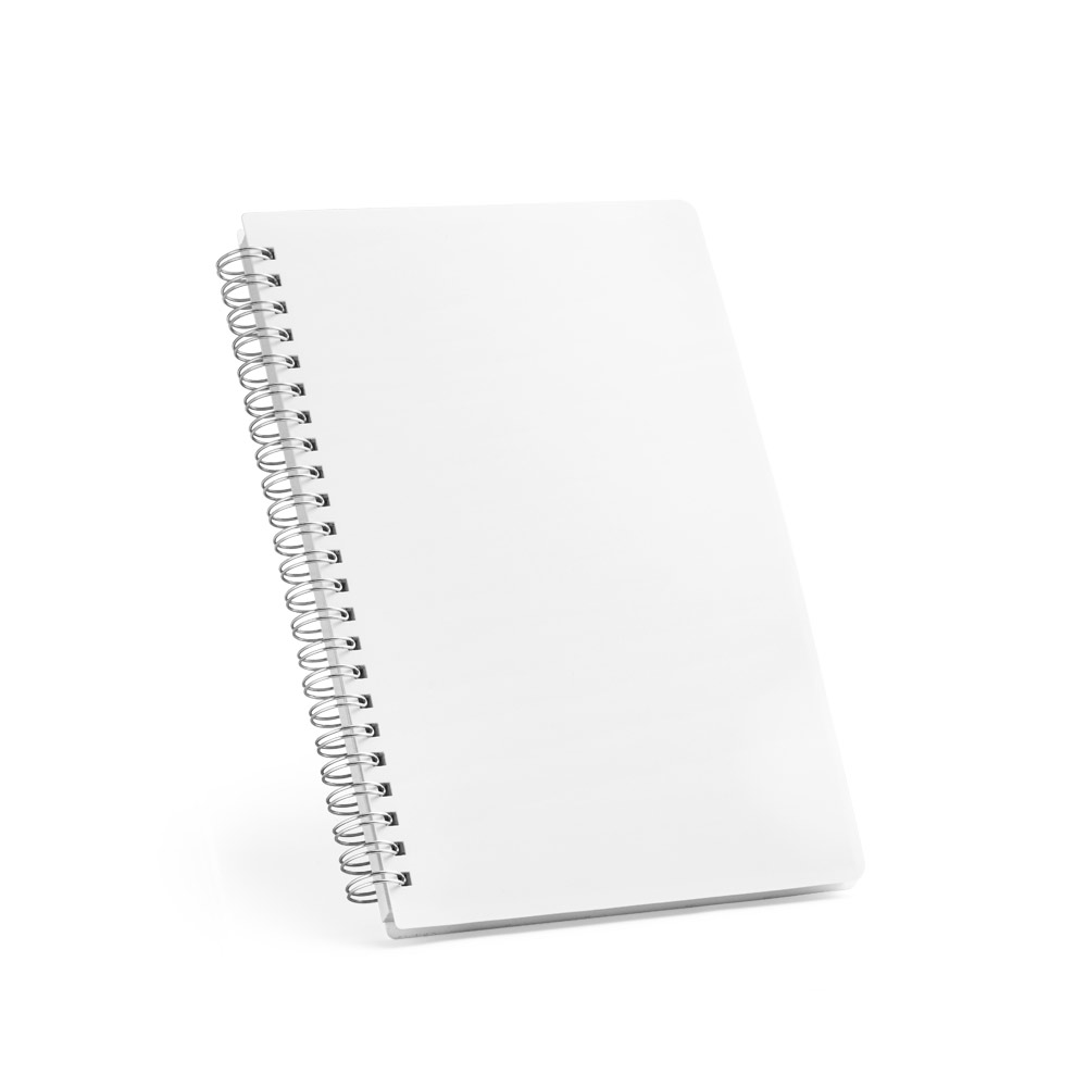 CADERNO A5 DE CAPA FLEXÍVEL EM PP, COM TRATAMENTO ANTIBACTERIANO E PÁGINAS PAUTADAS RECICLADAS
