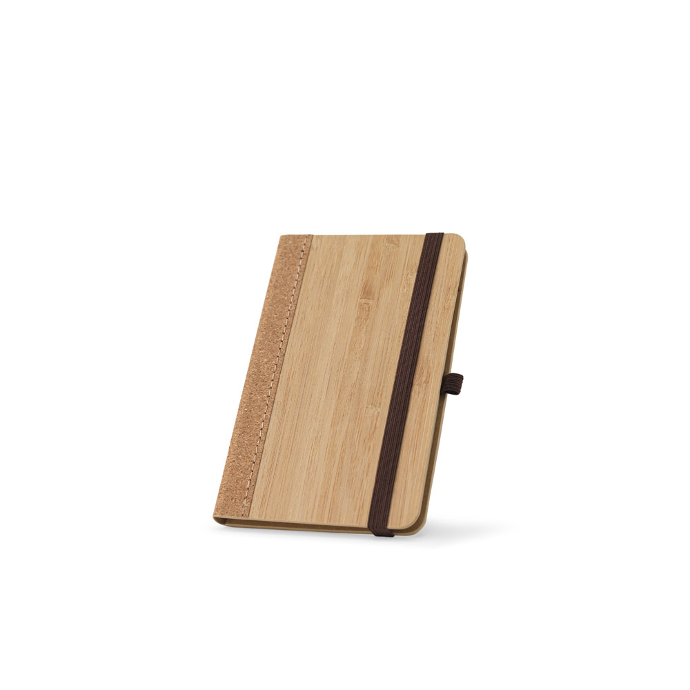 CADERNO DE BOLSO DE CAPA DURA EM FOLHA DE BAMBU E CORTIÇA COM PÁGINAS PAUTADAS RECICLADAS