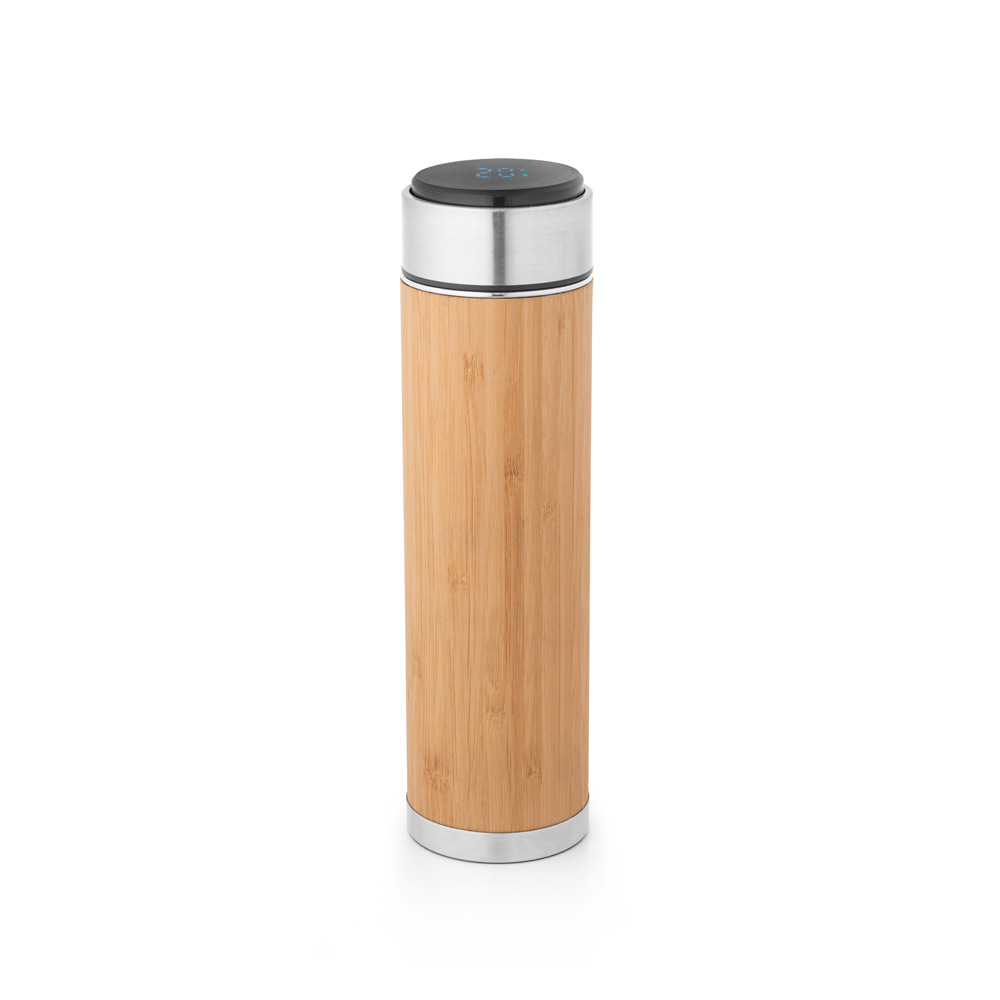 GARRAFA TÉRMICA EM AÇO INOX E BAMBU, DE PAREDE DUPLA ISOLADA A VÁCUO, COM TERMÓMETRO DIGITAL (430 ML)