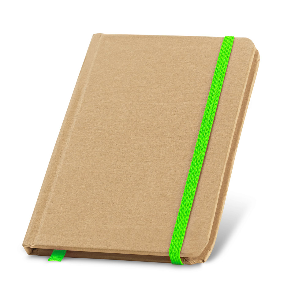 CADERNO DE BOLSO DE CAPA DURA EM CARTÃO 100% RECICLADO, COM PÁGINAS LISAS RECICLADAS
