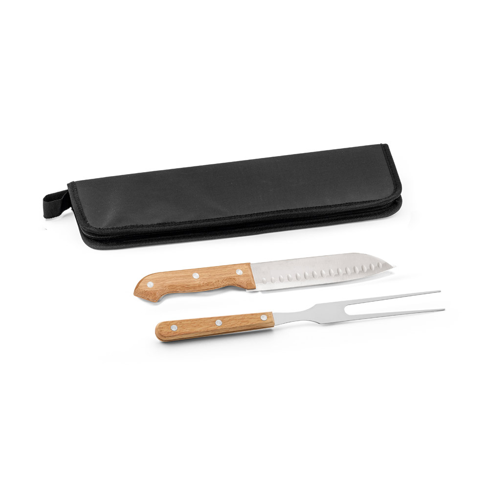 KIT CHURRASCO COM ESTOJO EM 210D COM 2 UTENSÍLIOS EM AÇO INOX E CABOS EM MADEIRA
