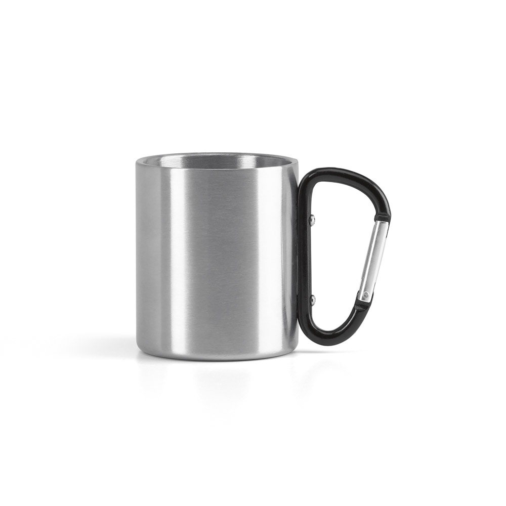 CANECA EM AÇO INOX, COM PEGA EM FORMA E FUNÇÃO DE MOSQUETÃO (230 ML)