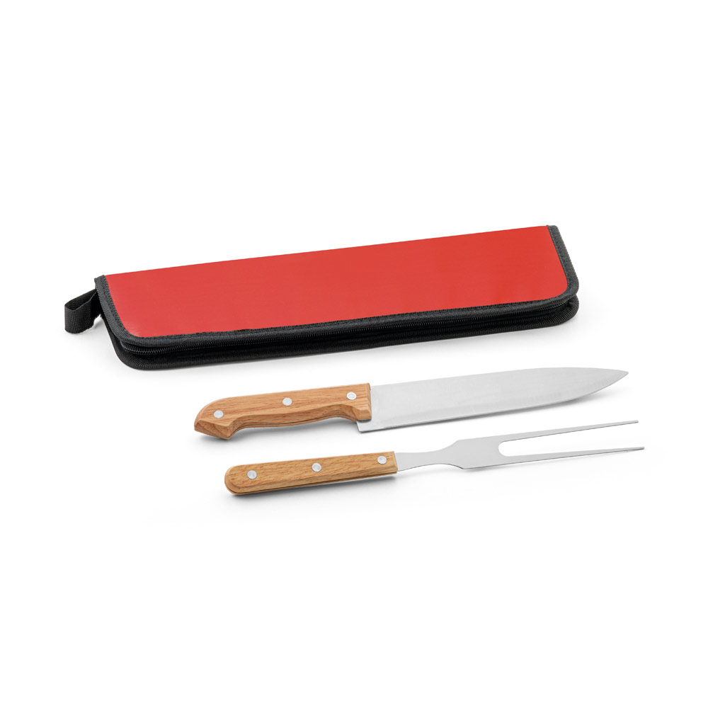 KIT CHURRASCO EM ESTOJO DE 210D COM 2 UTENSÍLIOS EM AÇO INOX E MADEIRA SERINGUEIRA