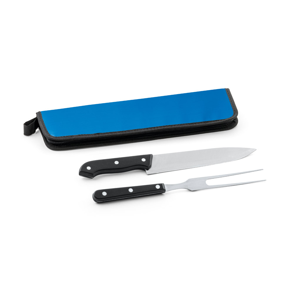 KIT CHURRASCO EM ESTOJO DE 210D COM 2 UTENSÍLIOS EM AÇO INOX E PP