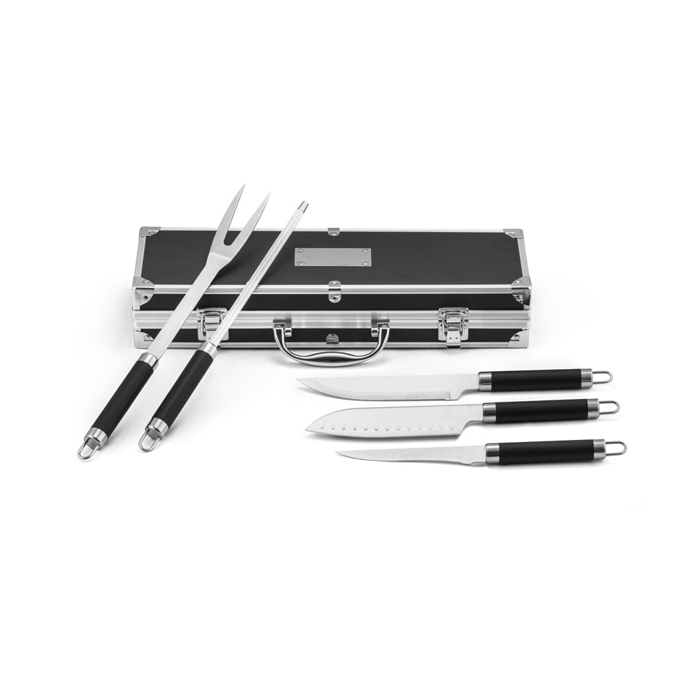 KIT CHURRASCO EM ESTOJO DE ALUMÍNIO COM 5 UTENSÍLIOS EM AÇO INOX E ALUMÍNIO