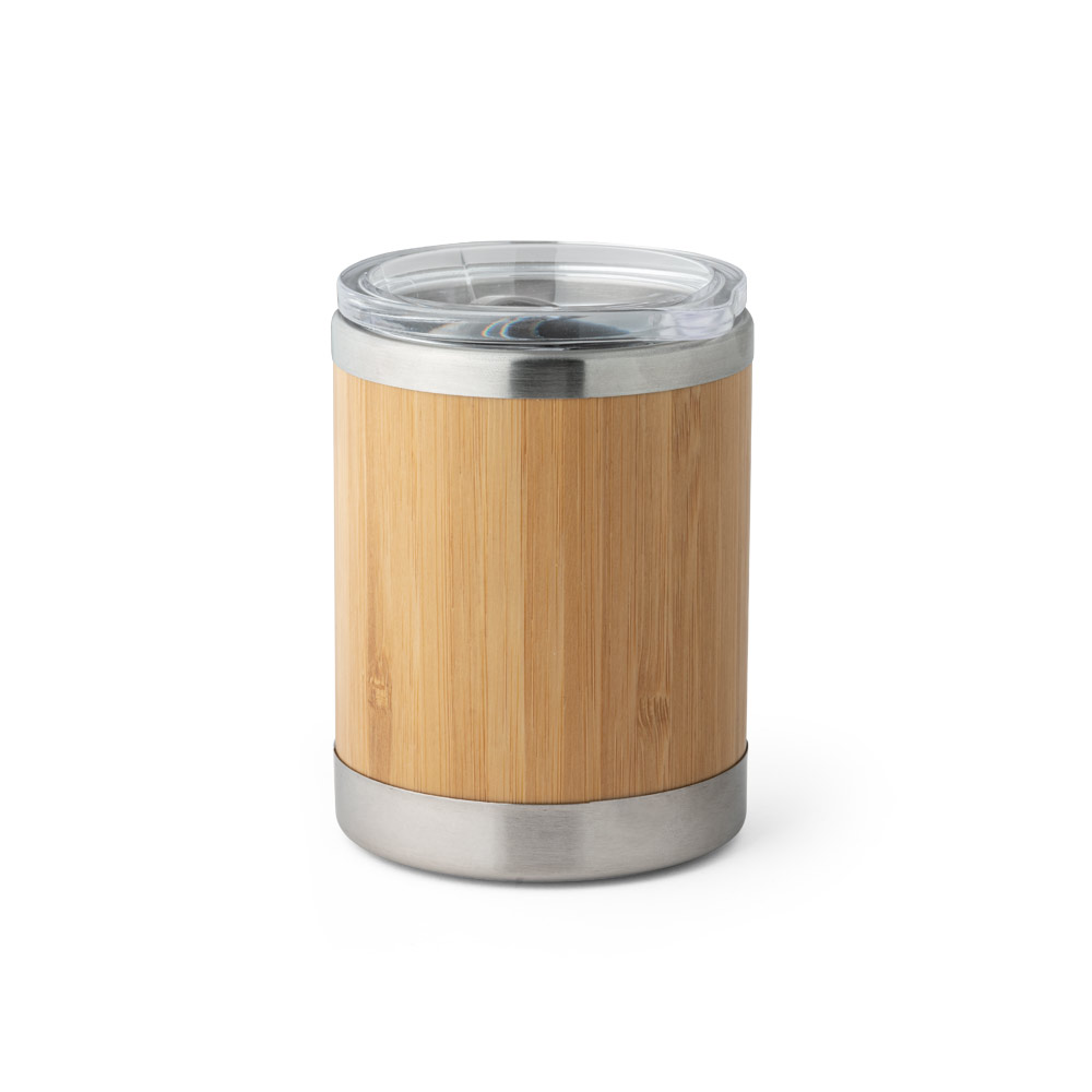 COPO DE VIAGEM TÉRMICO EM AÇO INOX E BAMBU, DE PAREDE DUPLA ISOLADA A AR E FECHO DESLIZANTE (350 ML)