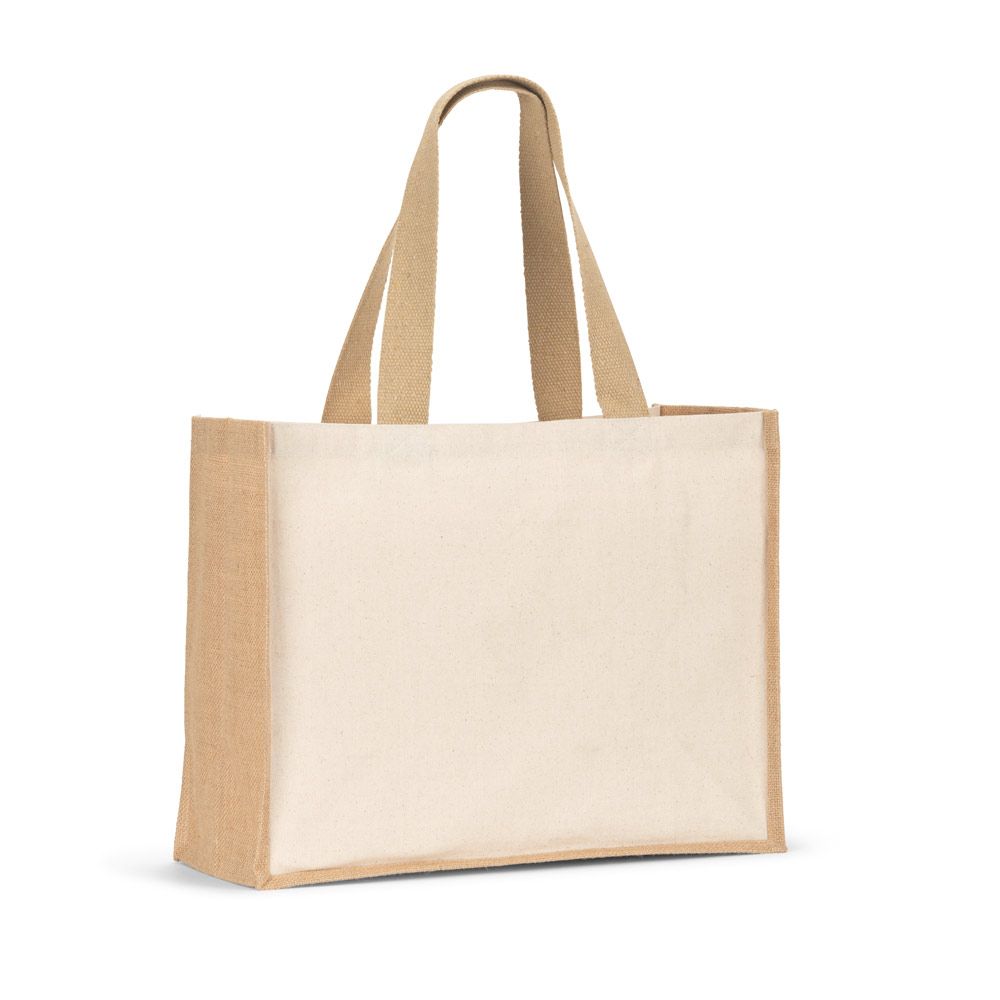 SACOLA EM CANVAS (320G/M²), COM FUNDO E LATERAIS EM JUTA LAMINADA (350 G/M²) DE TONS NATURAIS